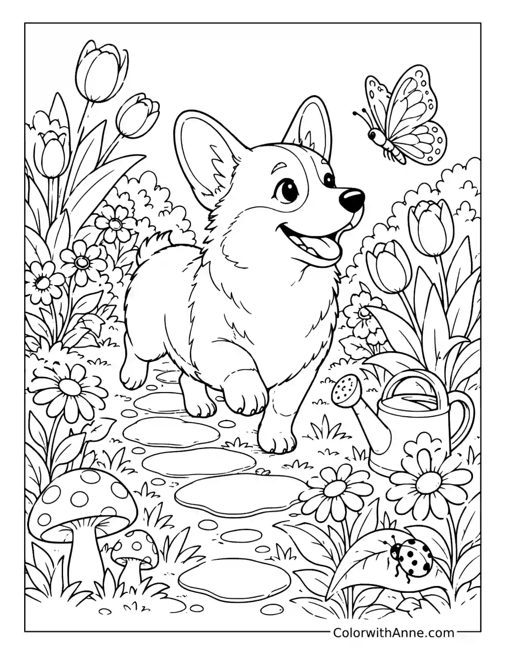Corgi Garden Adventure coloring page
