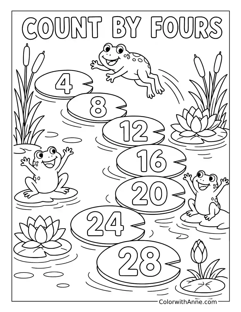 Count by Fours Frog Pond coloring page