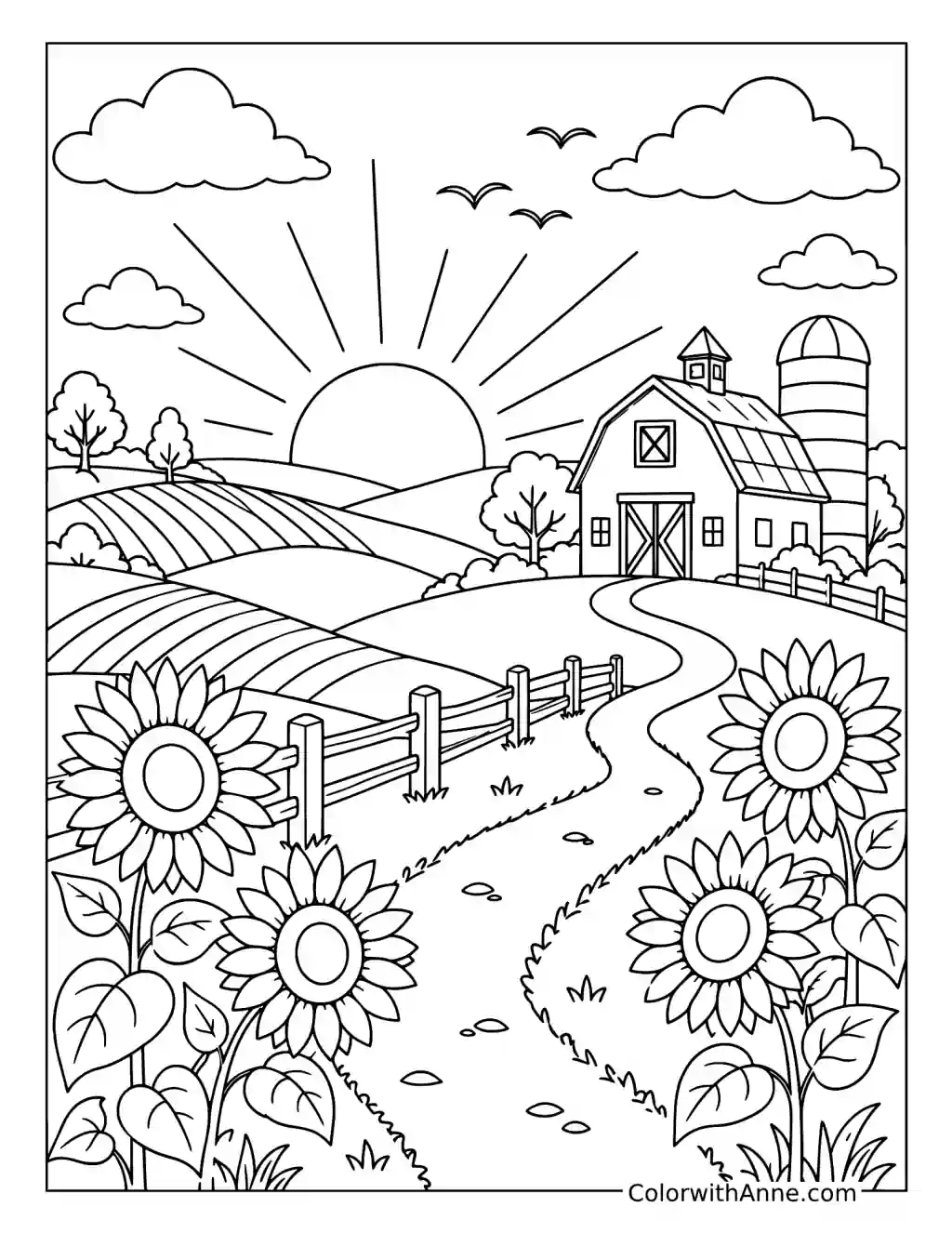 Countryside Farm Sunset coloring page