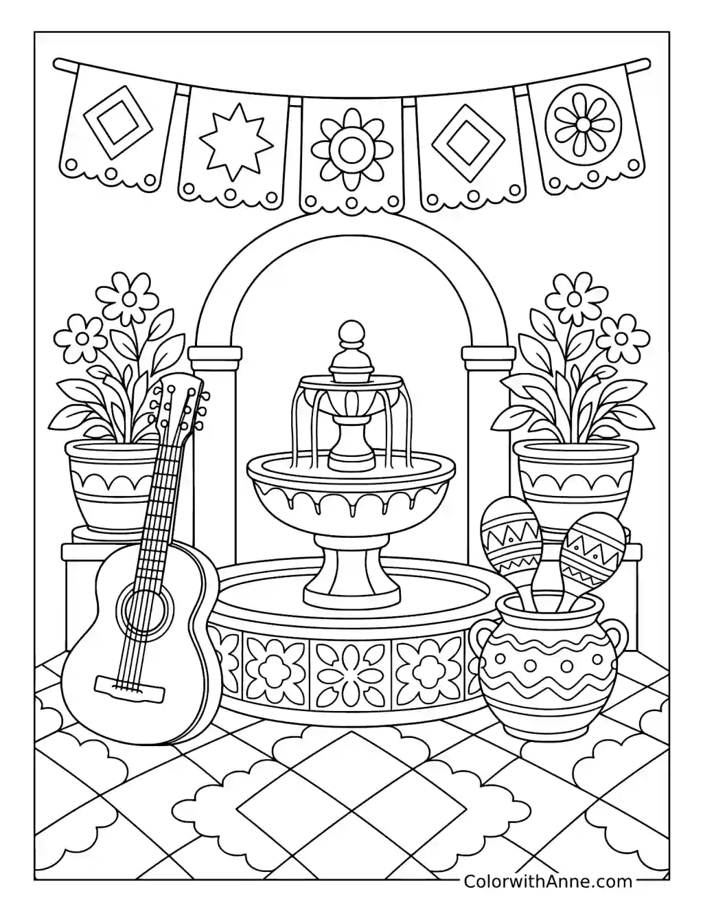 Courtyard Fountain with Guitar and Maracas coloring page