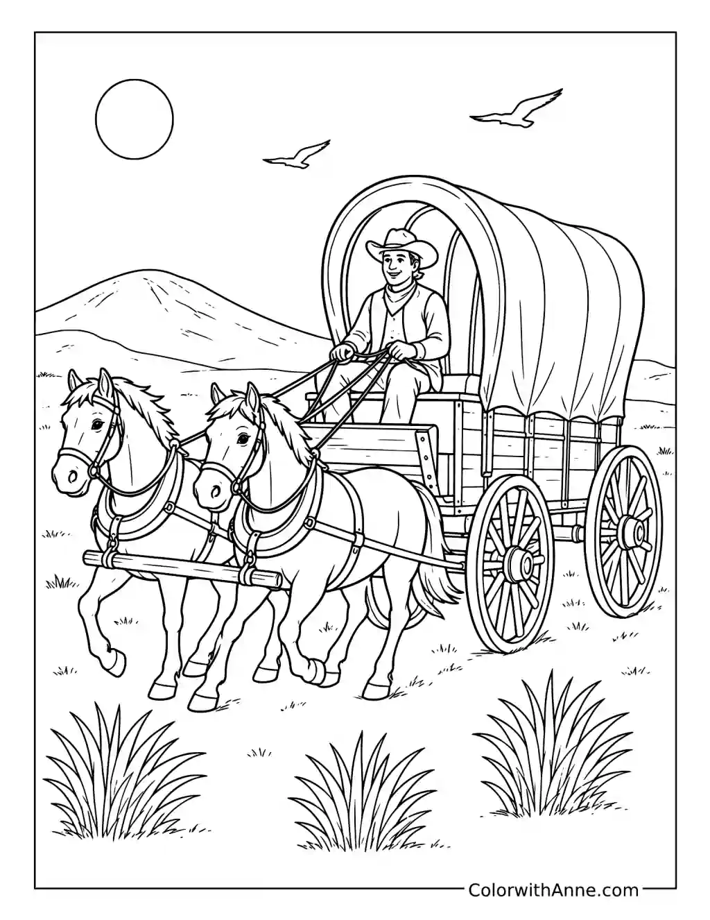 Covered Wagon Crossing the Prairie coloring page