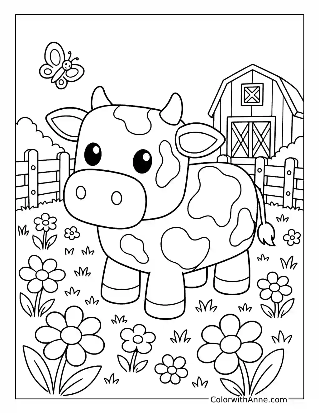 Cow, Barn, and Butterfly coloring page