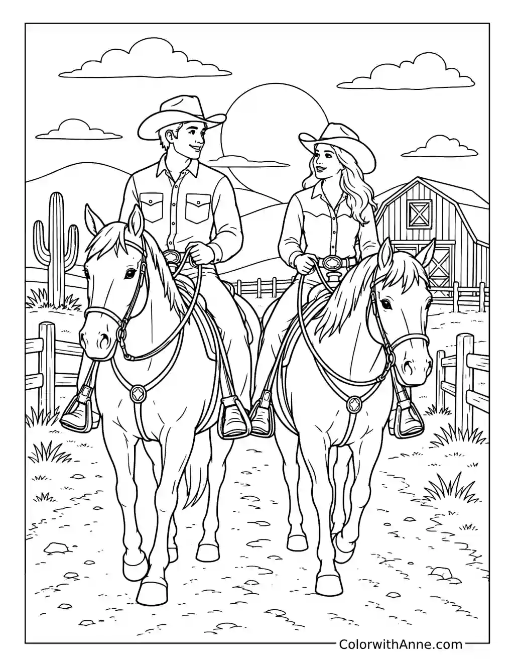 Cowboy and Cowgirl Riding Home Together coloring page