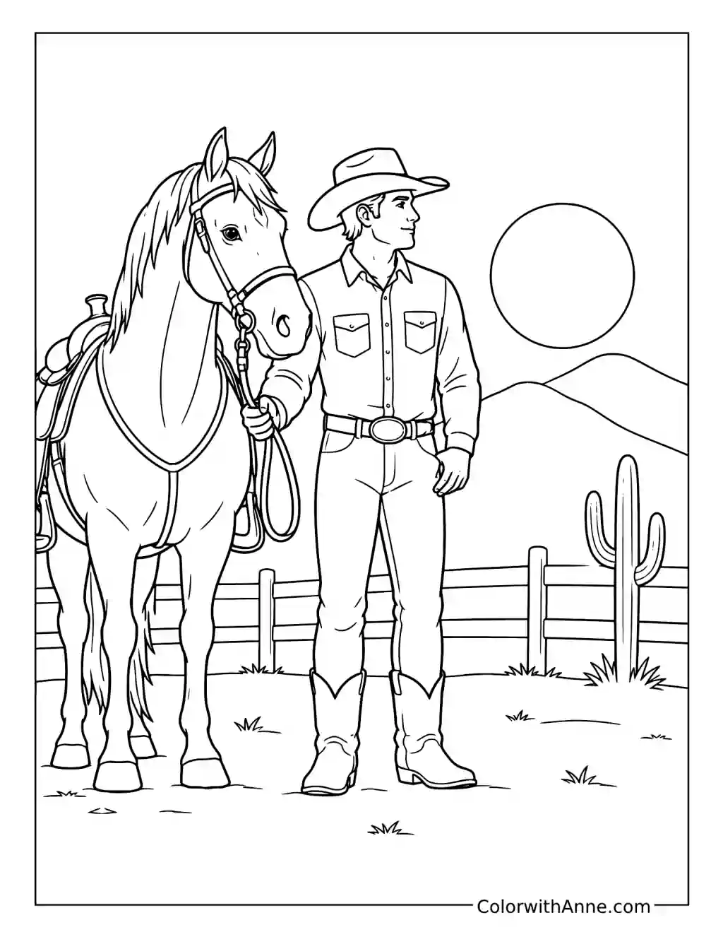 Cowboy and Horse at Sunset coloring page