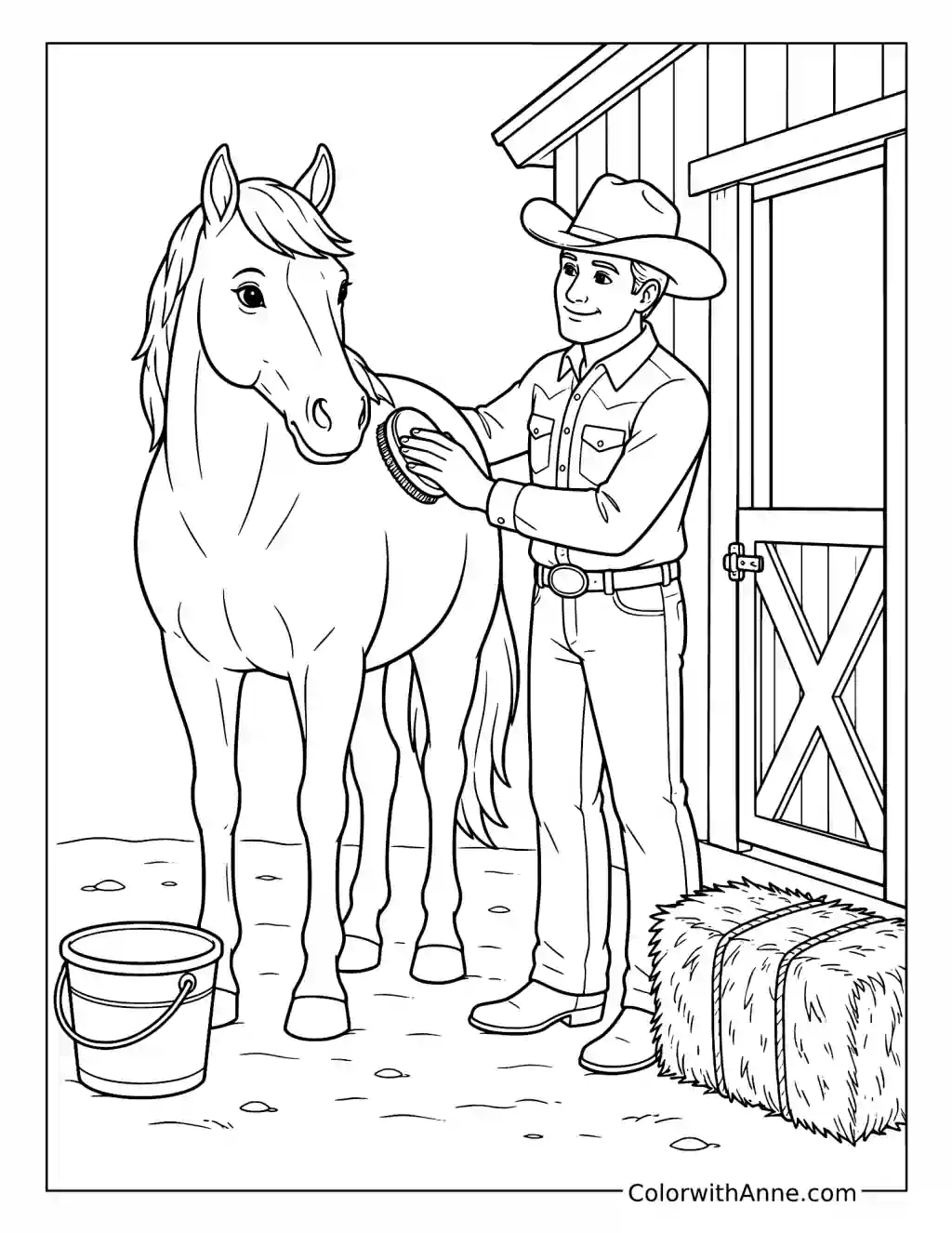 Cowboy Brushing His Horse coloring page