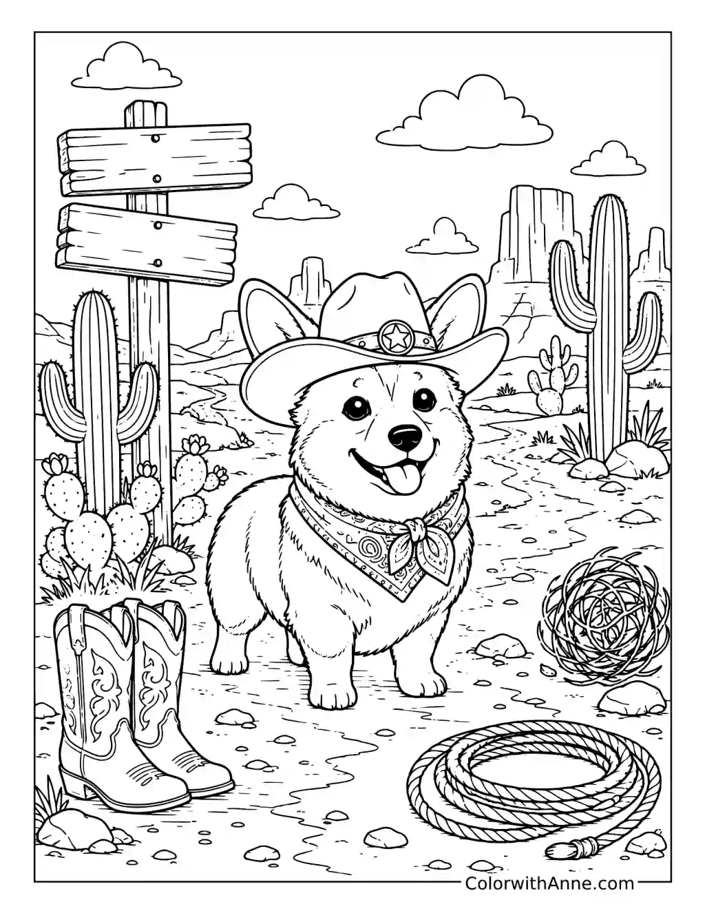 Cowboy Corgi Adventure coloring page