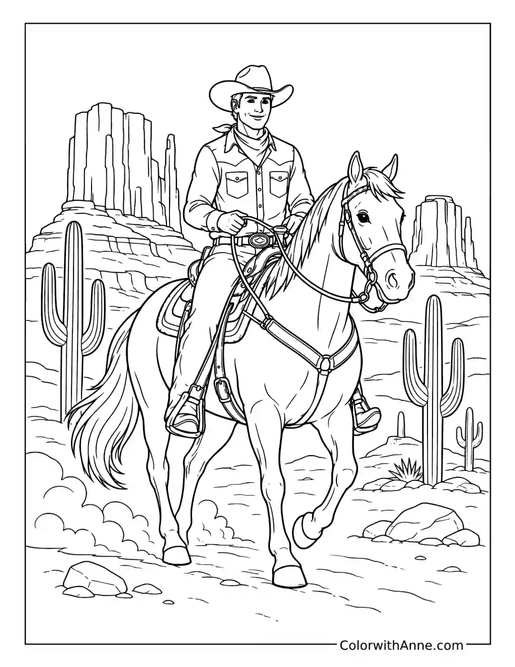 Cowboy Riding Through Monument Valley coloring page