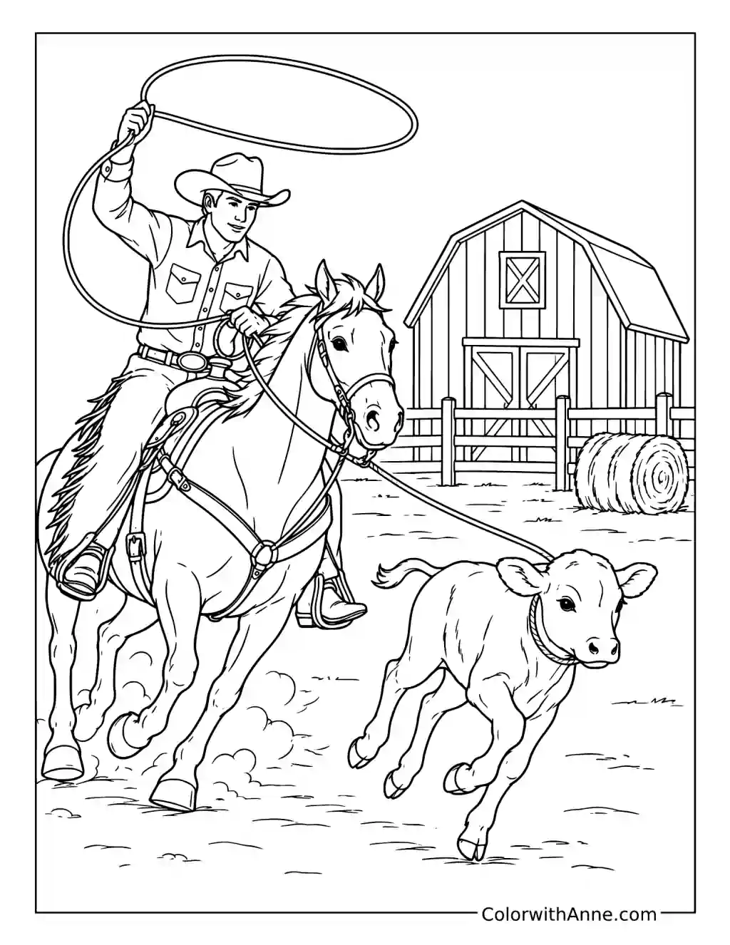 Cowboy Roping Cattle on the Ranch coloring page