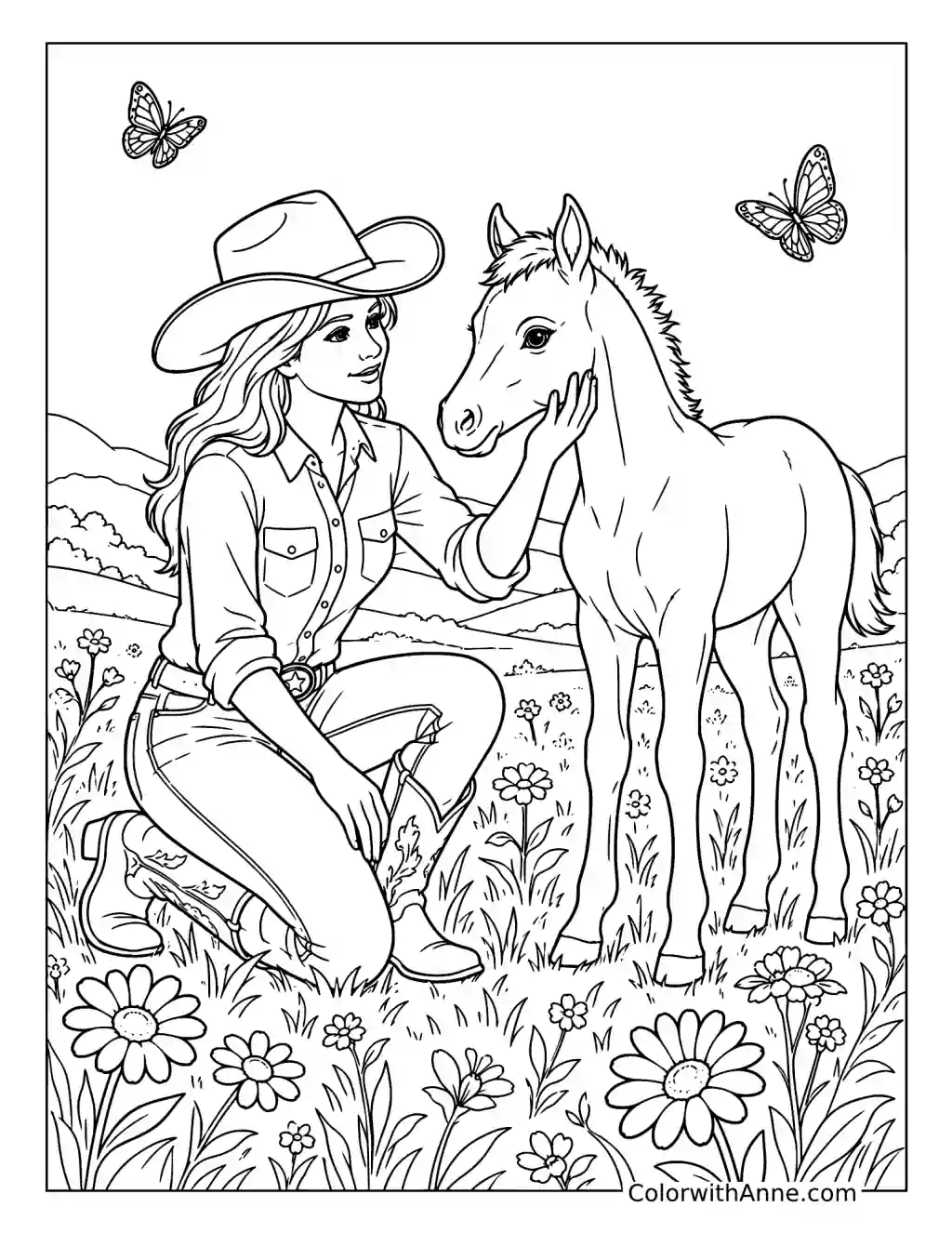 Cowgirl and Foal in a Flower Meadow coloring page