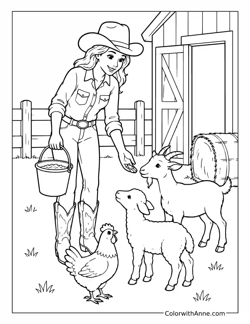 Cowgirl Feeding Ranch Animals coloring page