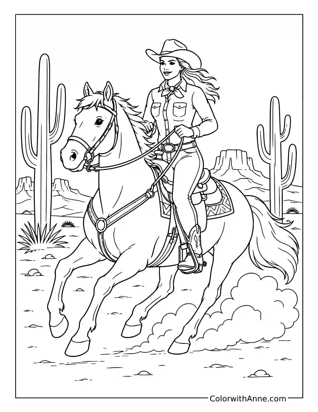 Cowgirl Riding Across the Desert coloring page