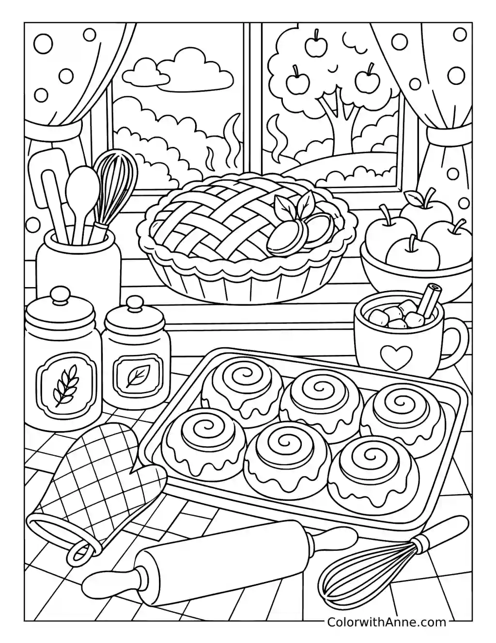 Cozy Apple Pie Kitchen coloring page