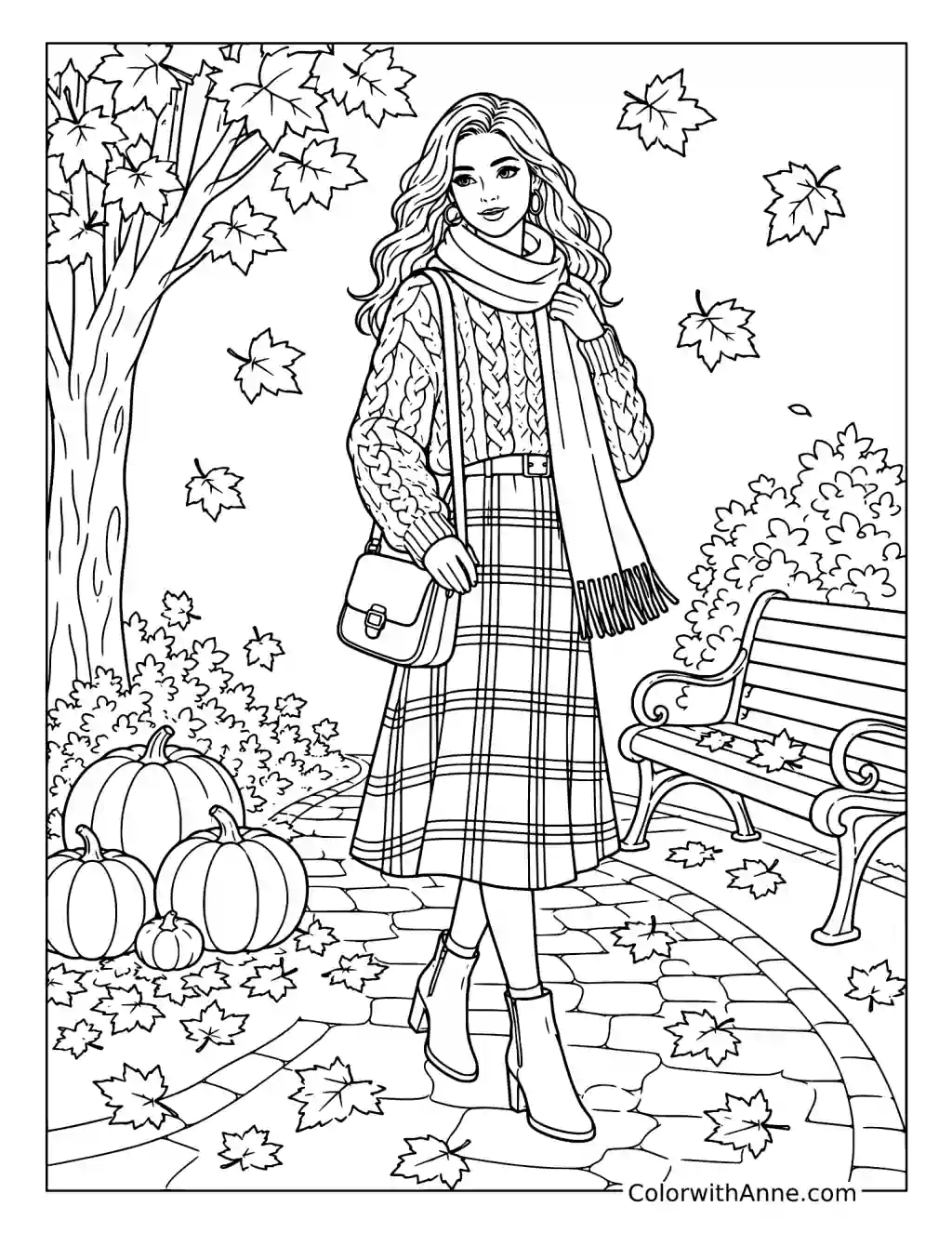 Cozy Autumn Park Fashion Stroll coloring page