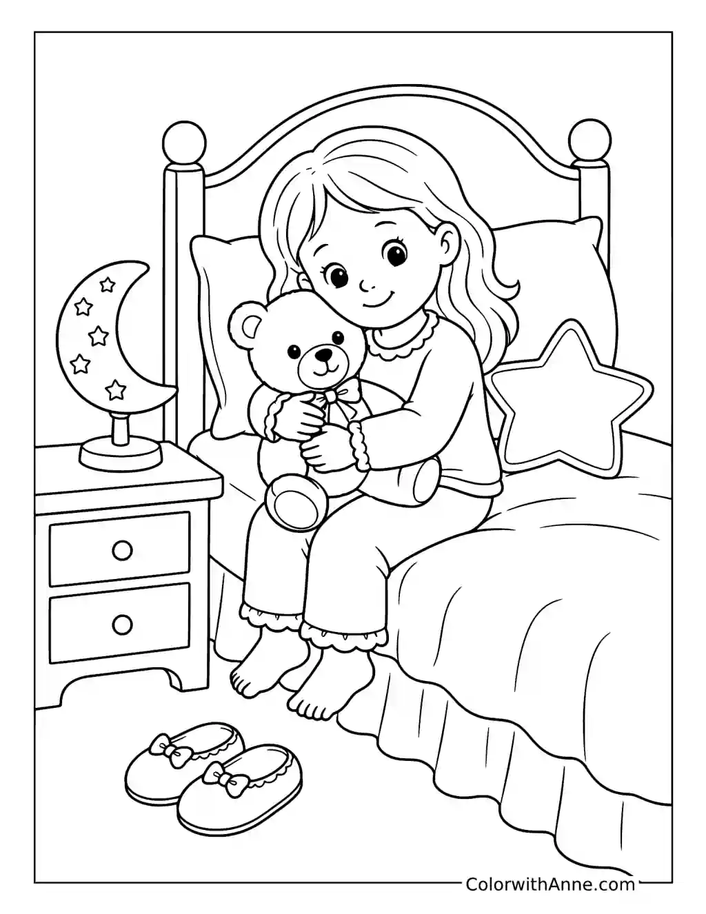 Cozy Bedtime Teddy Bear Hug coloring page