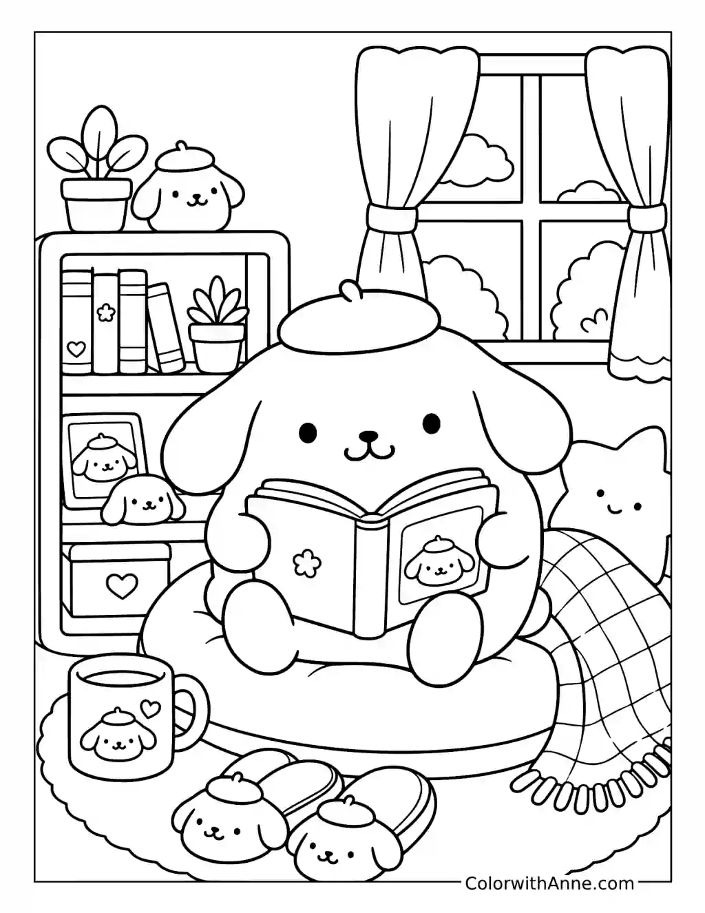 Cozy Beret Dog Reading Nook coloring page