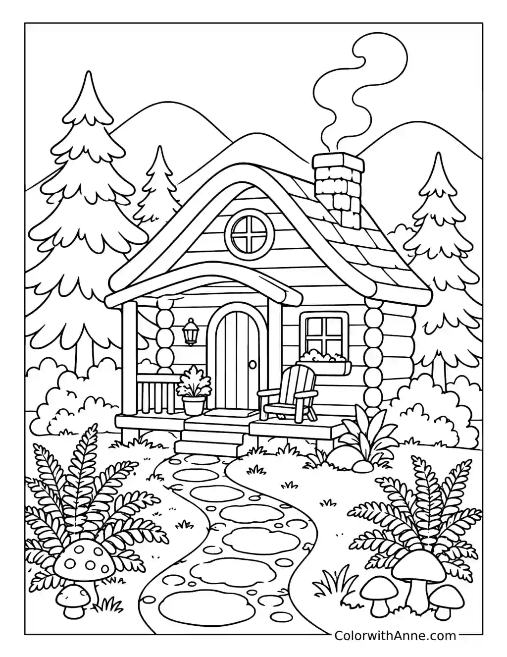 Cozy Cabin in a Quiet Forest coloring page