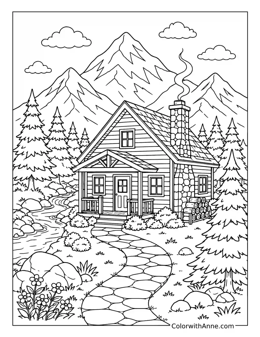 Cozy Cabin in the Mountains coloring page