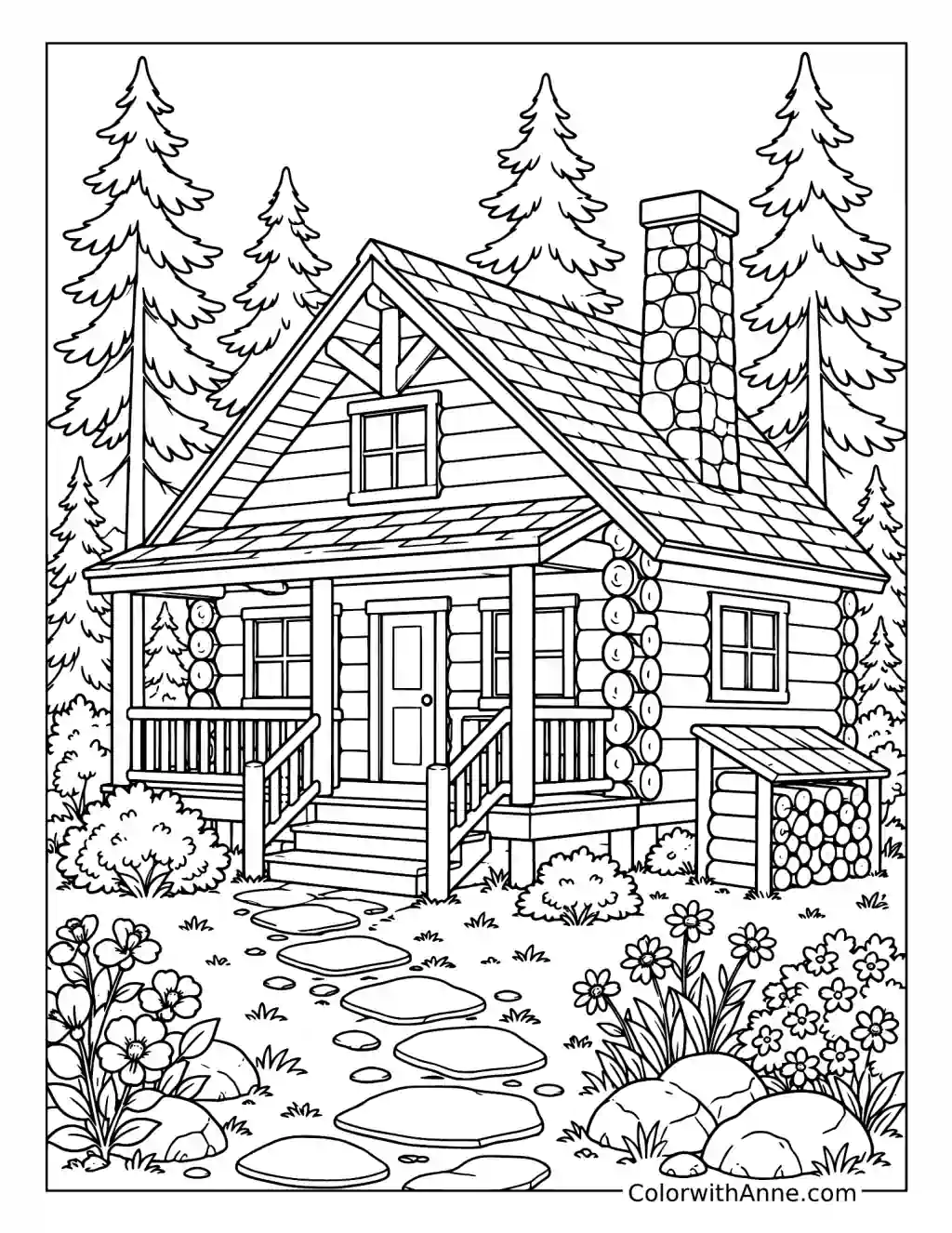 Cozy Cabin in the Pine Forest coloring page