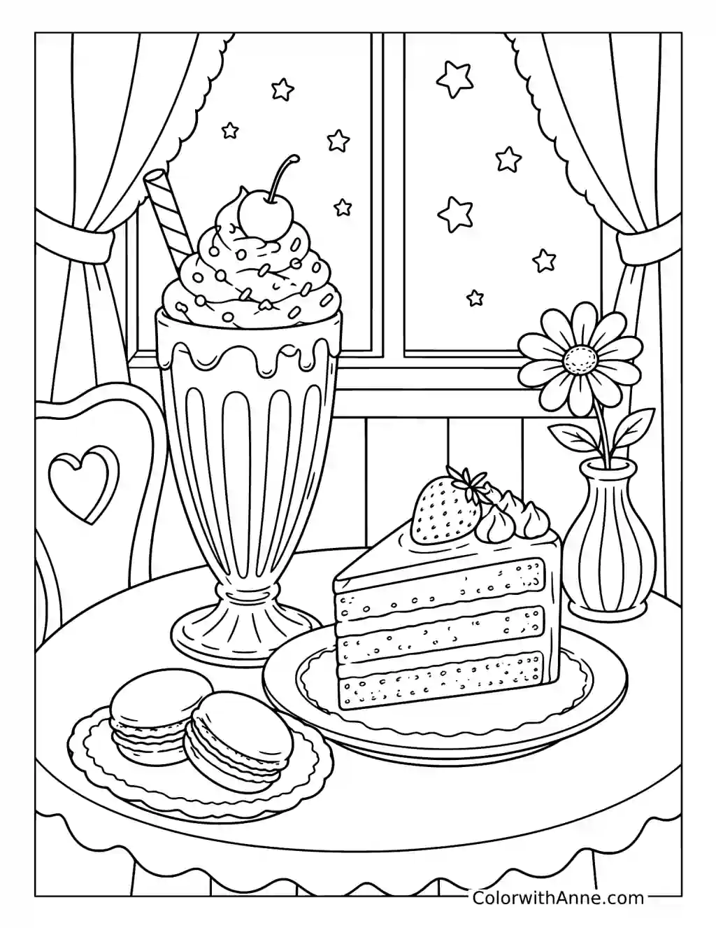 Cozy Cafe Treats with Milkshake and Layer Cake coloring page