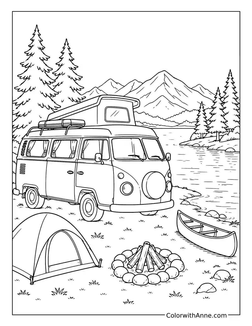 Cozy Camping Bus by the Lake coloring page