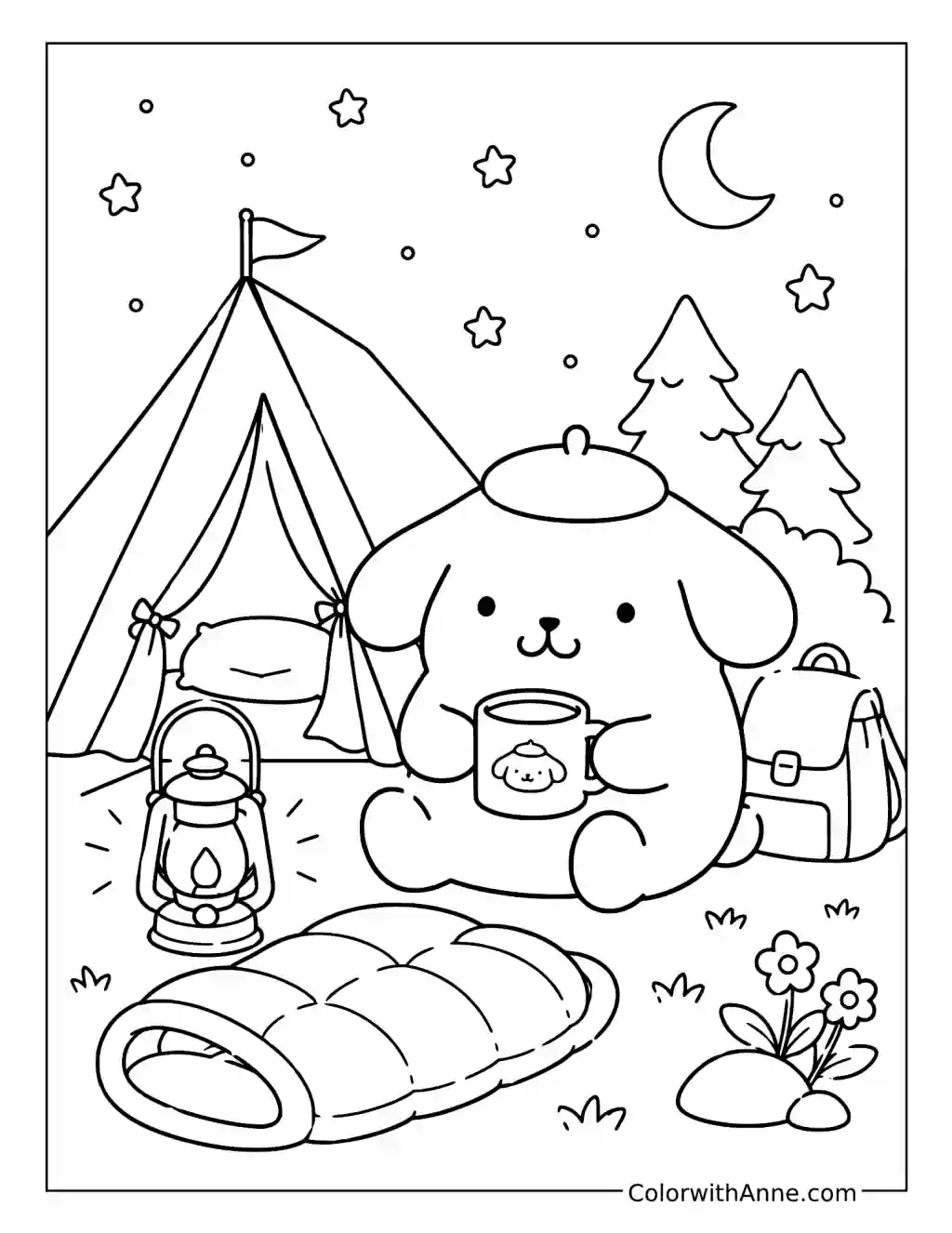 Cozy Campout with a Cute Dog coloring page