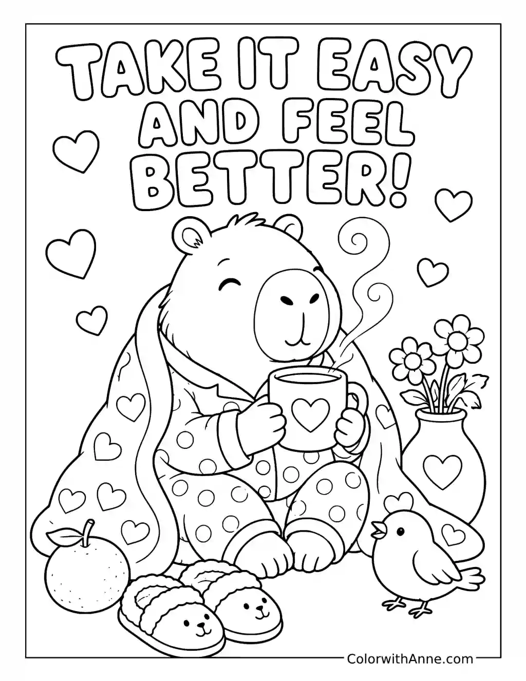 Cozy Capybara Get Well Day coloring page