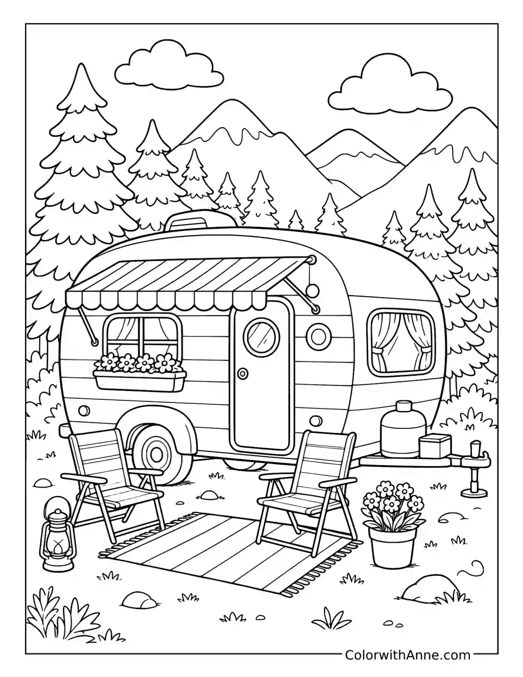 Cozy Caravan Among Pines coloring page