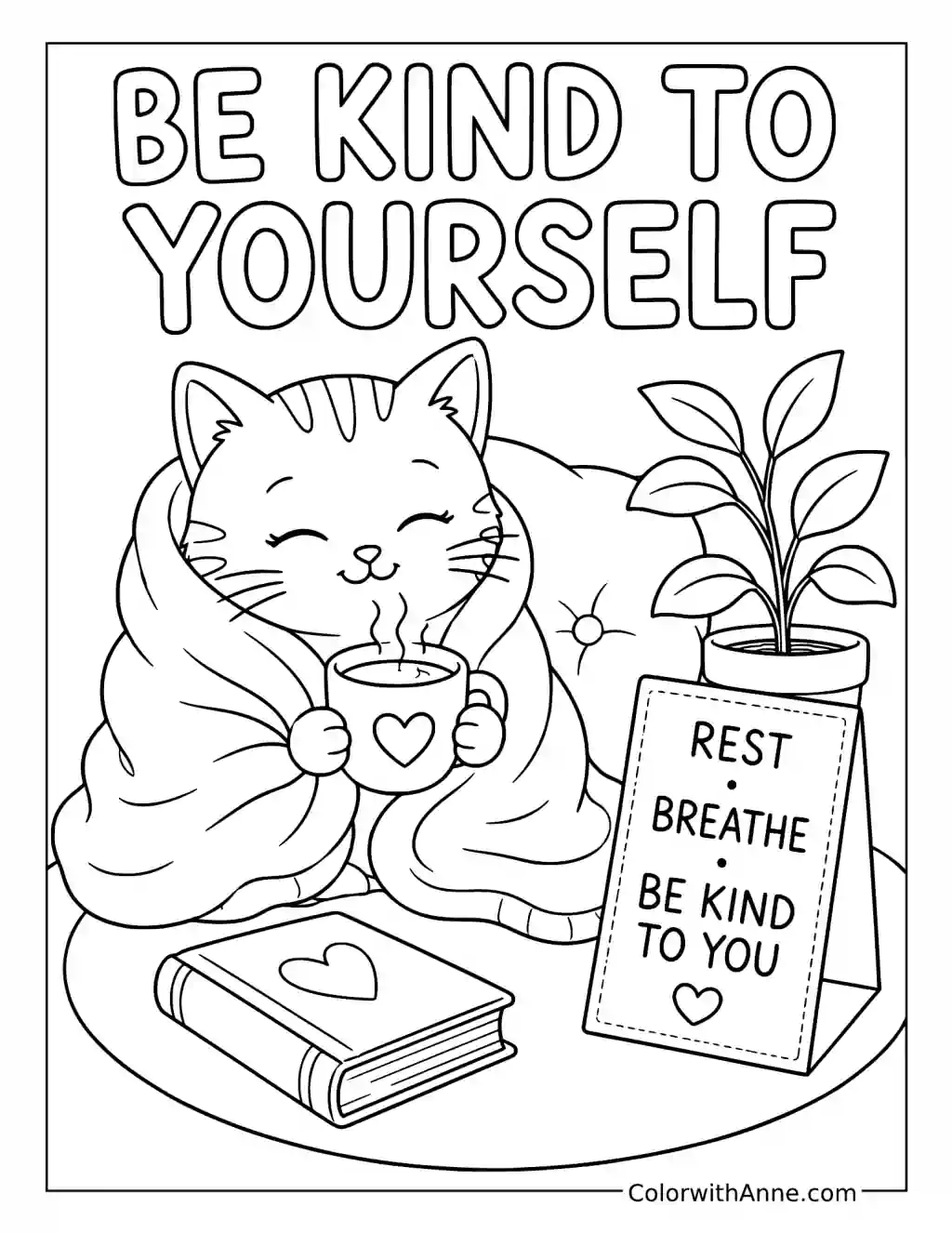 Cozy Cat Self-Care Nook coloring page