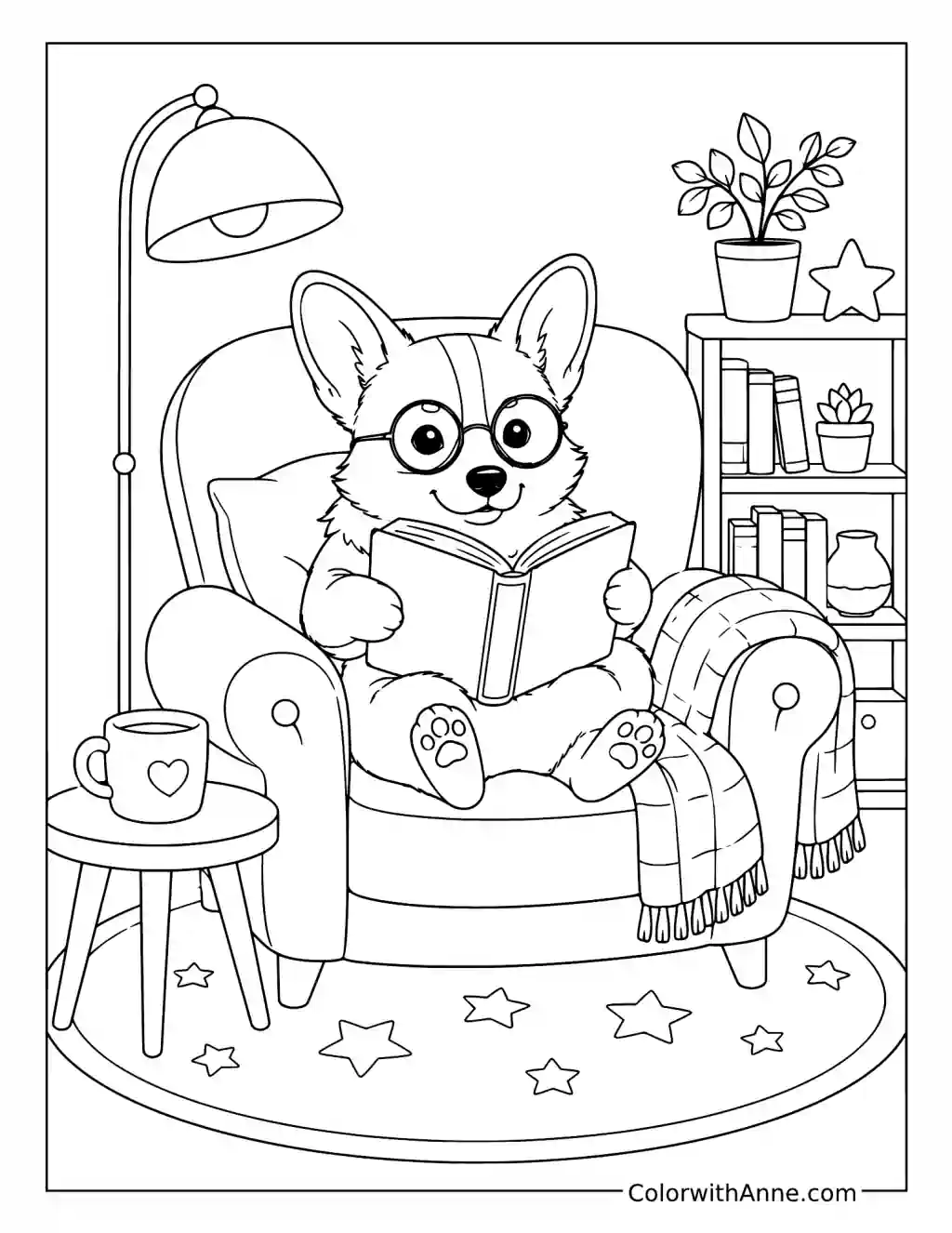 Cozy Corgi Reading a Book coloring page