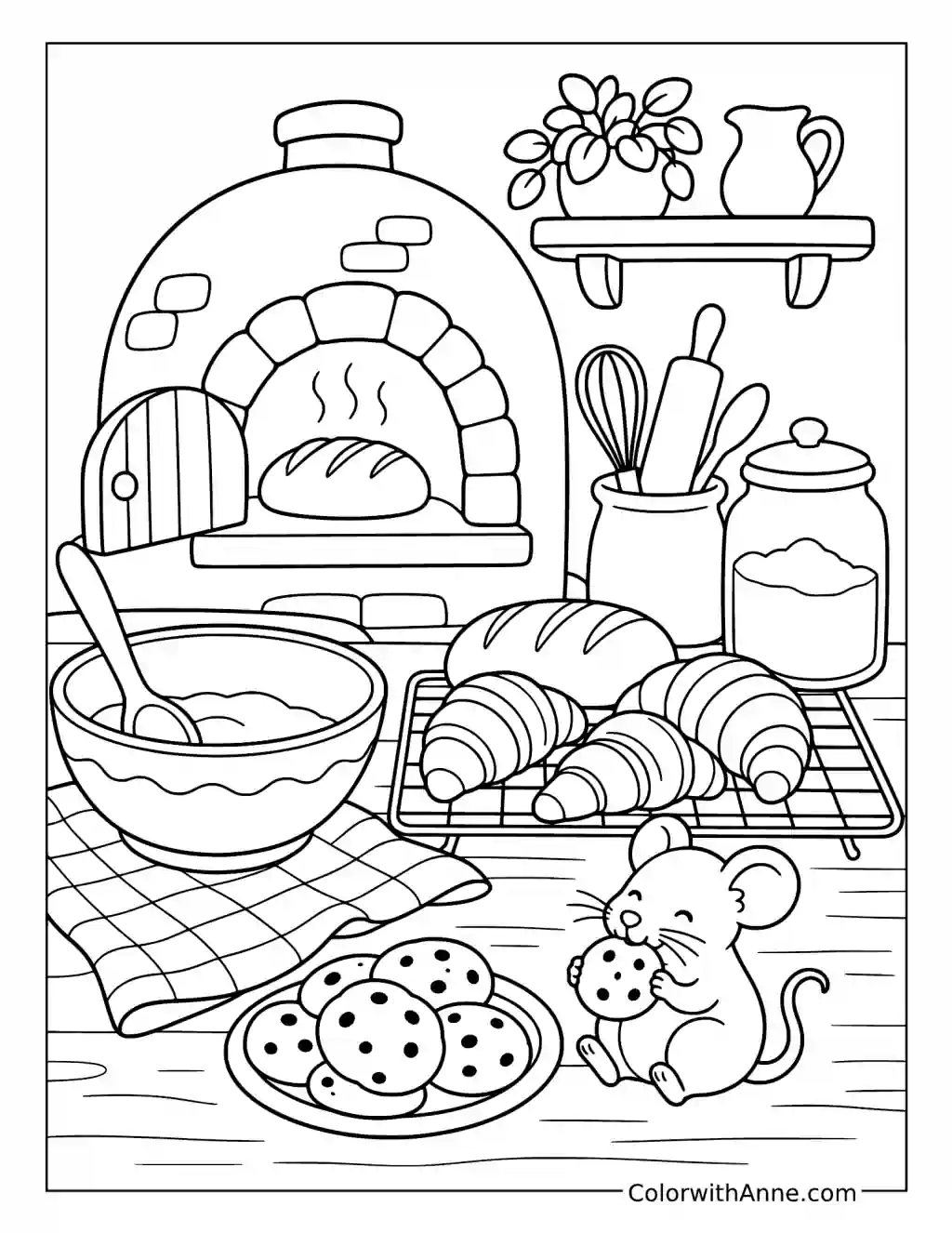 Cozy Country Bakery with Cookie Mouse coloring page