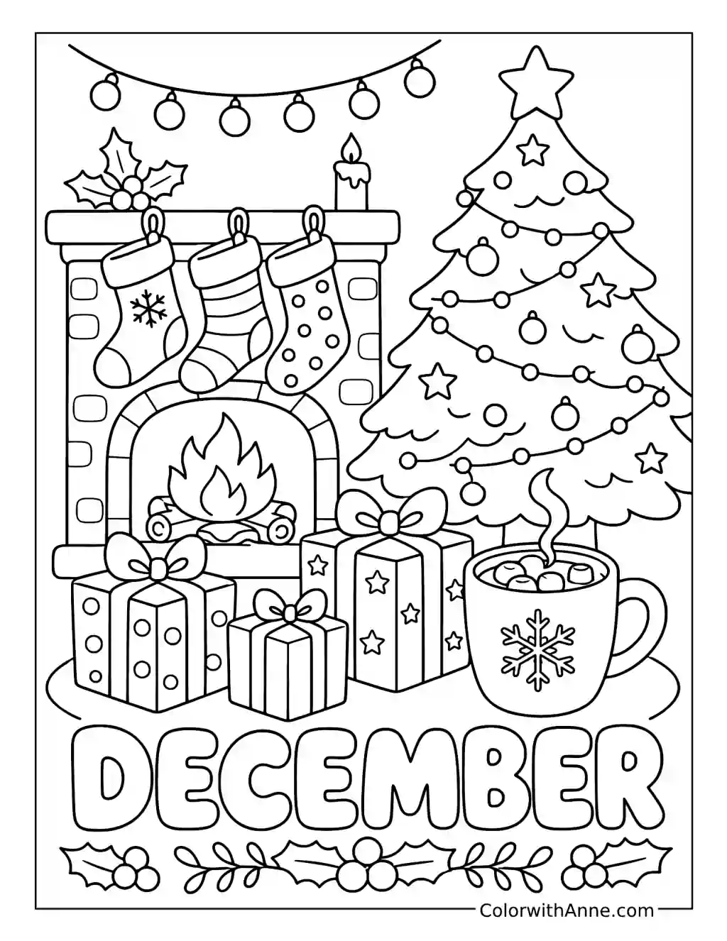 Cozy December Fireplace coloring page