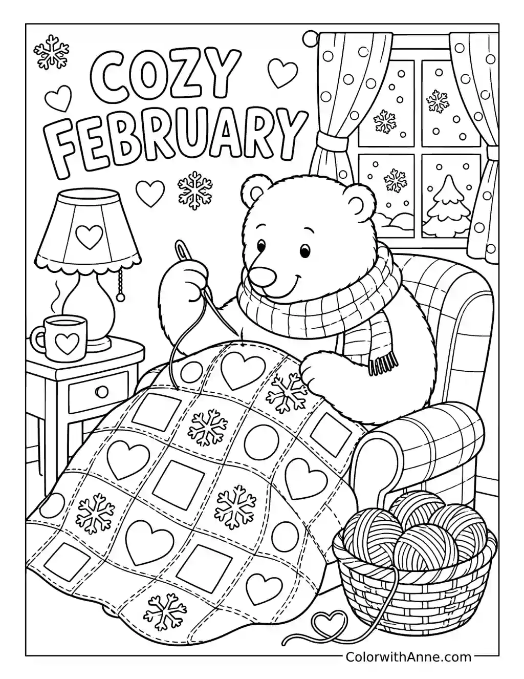 Cozy February Bear Sewing a Quilt coloring page