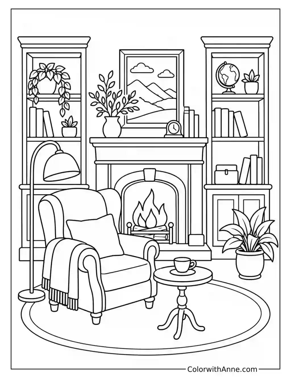 Cozy Fireside Library Reading Nook coloring page