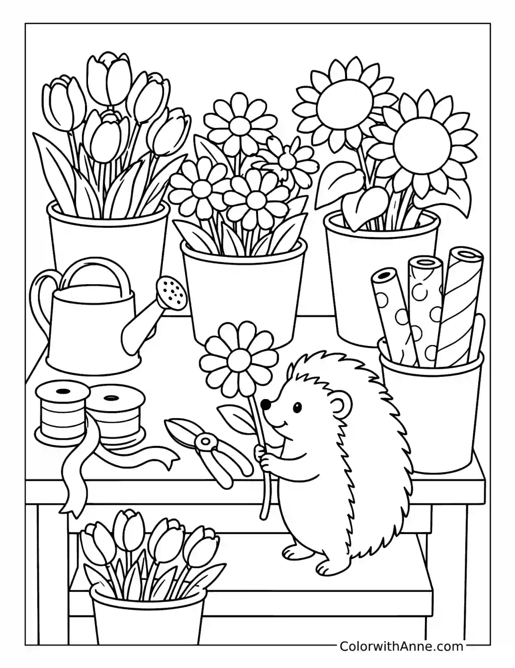 Cozy Flower Shop with Hedgehog coloring page