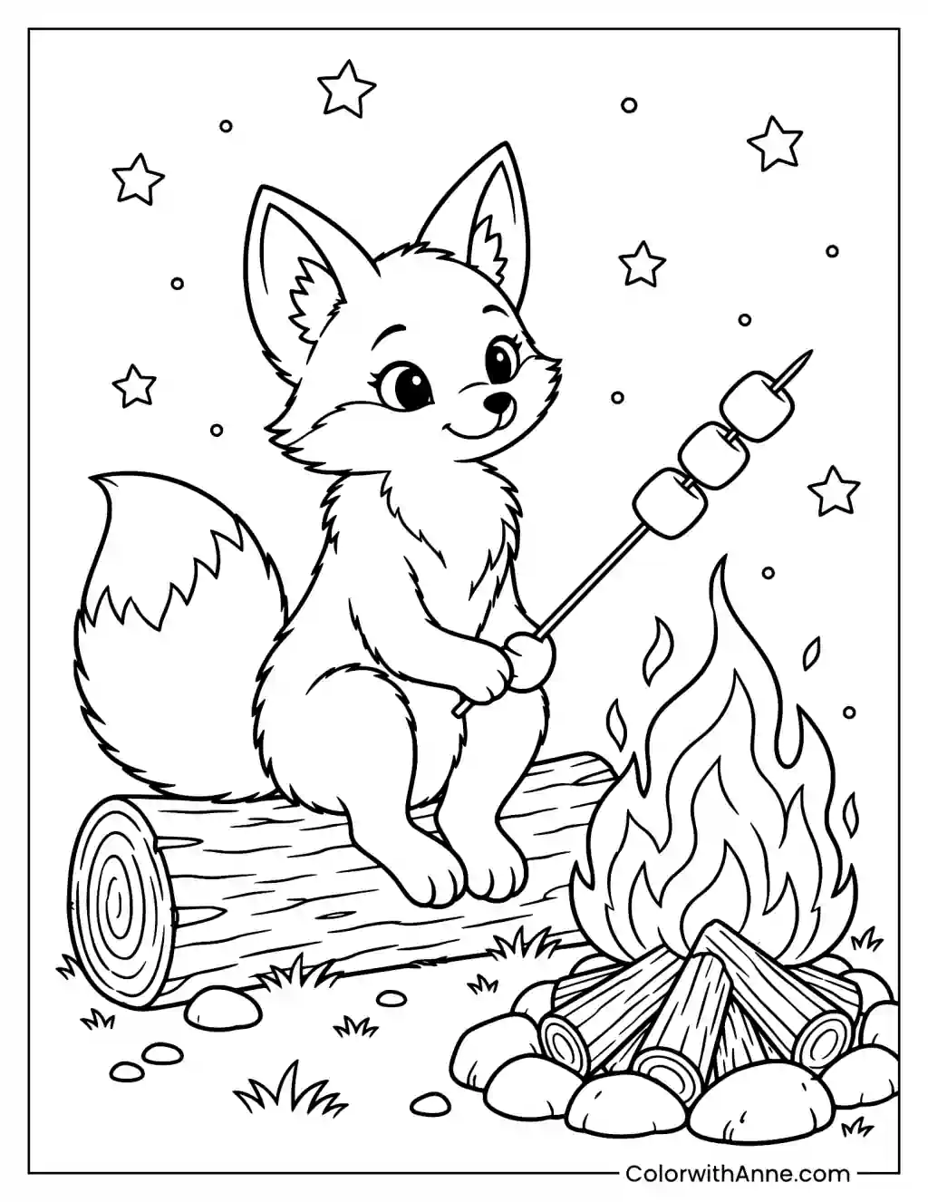 Cozy Fox by a Campfire Coloring Page