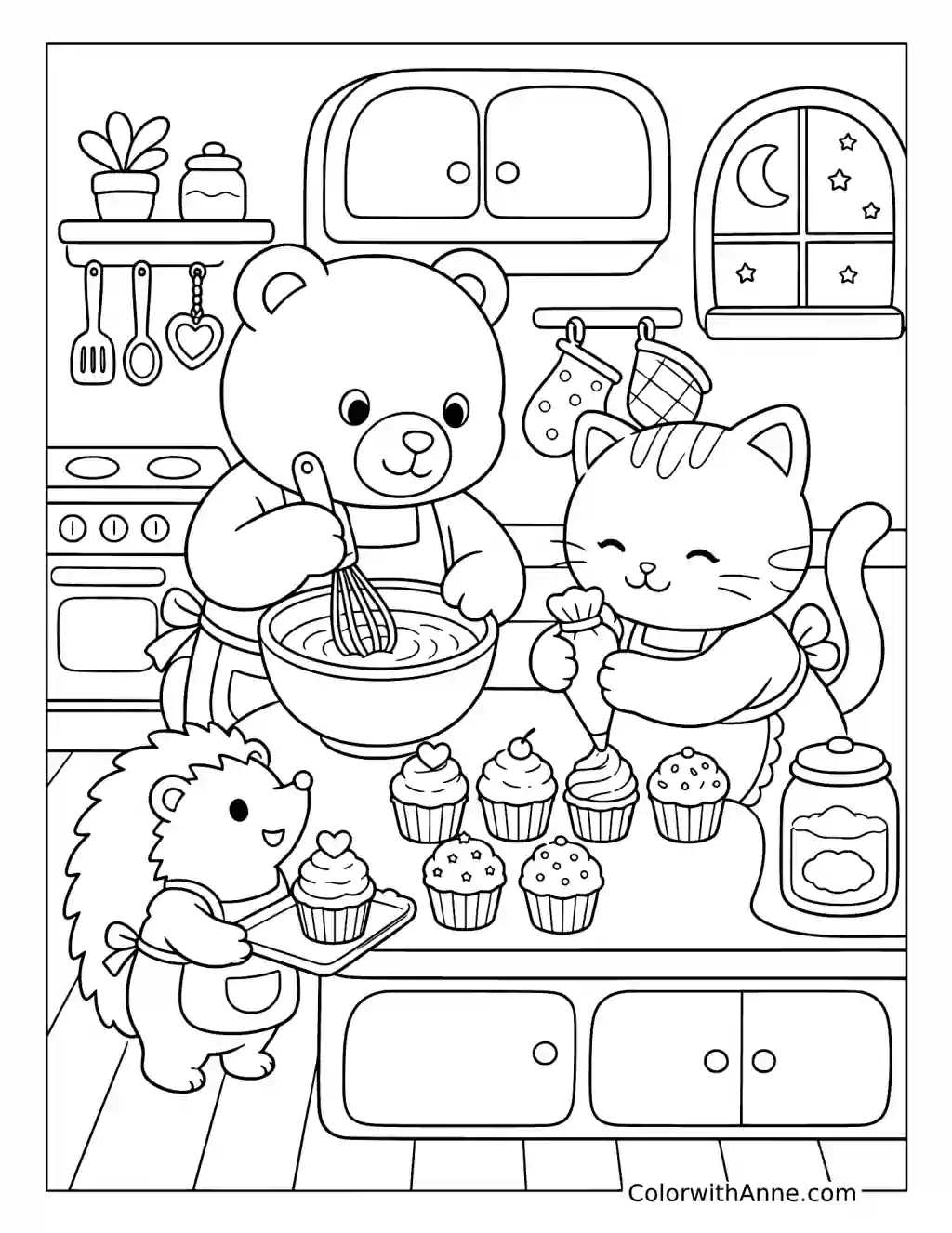 Cozy Friends Baking and Decorating Cupcakes coloring page