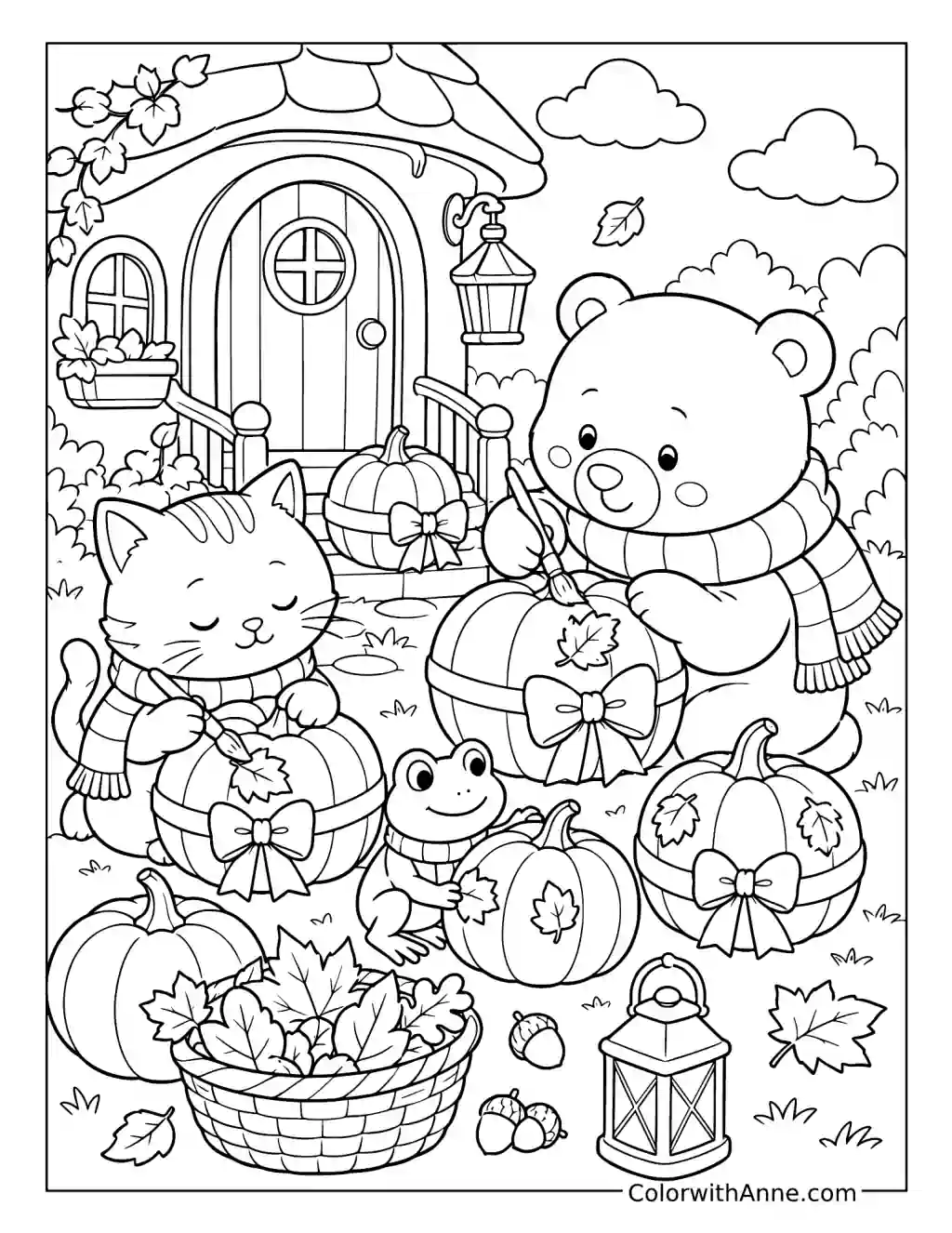 Cozy Friends Decorating Pumpkins with Ribbons coloring page