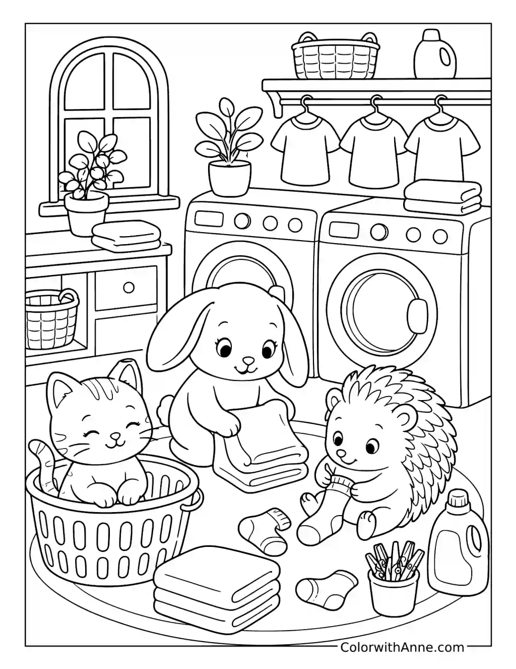 Cozy Friends Folding Laundry with a Cat in the Basket coloring page