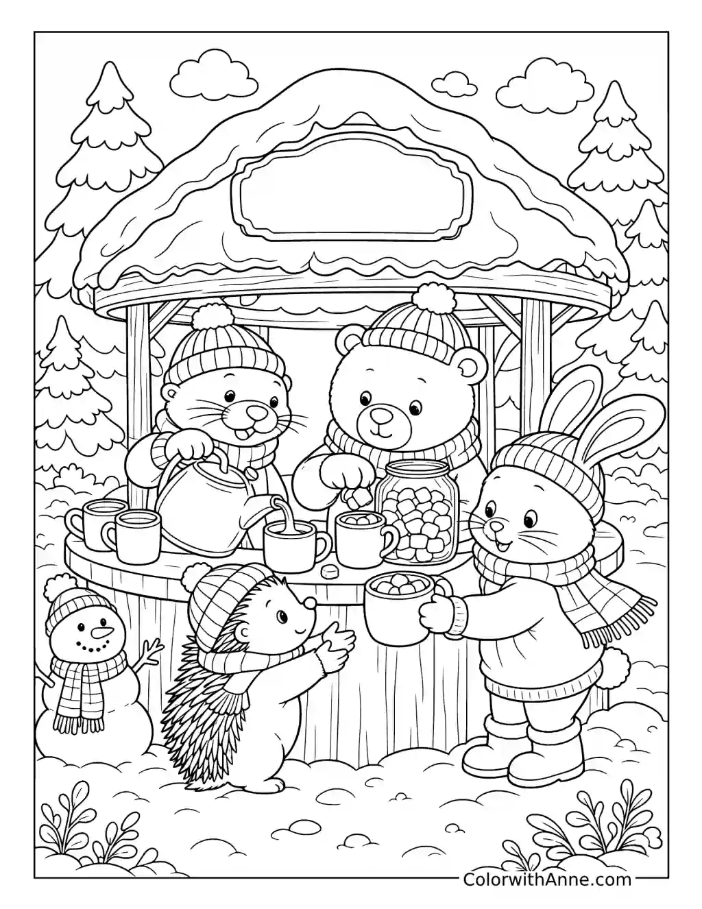 Cozy Friends Gathering at a Winter Cocoa Stand coloring page