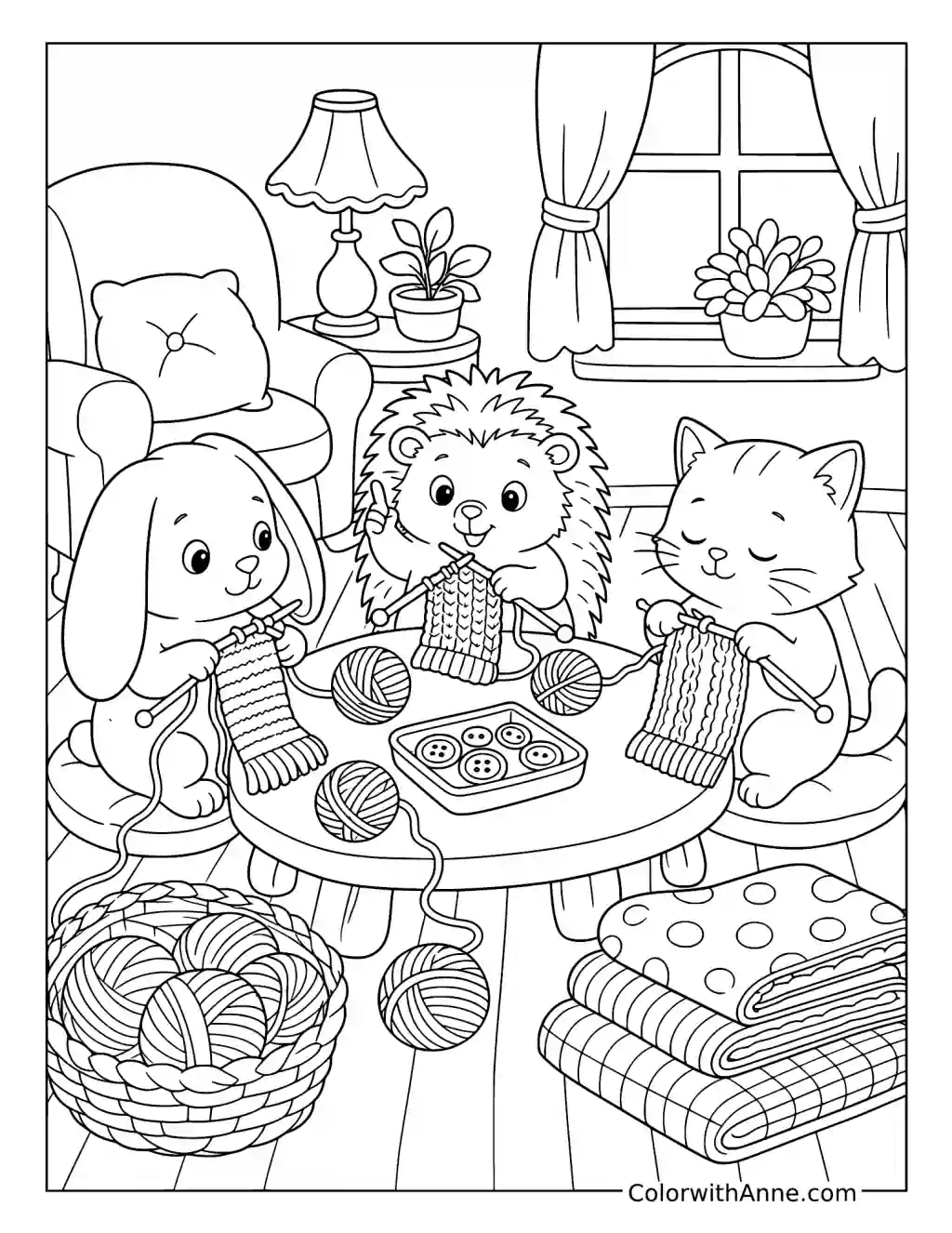 Cozy Friends Knitting Scarves Together coloring page