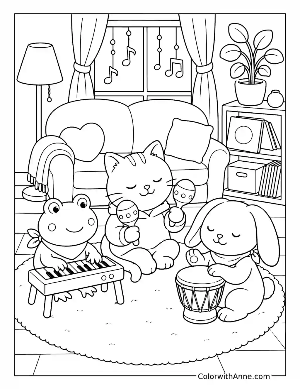 Cozy Friends Playing Keyboard Maracas and Drum coloring page