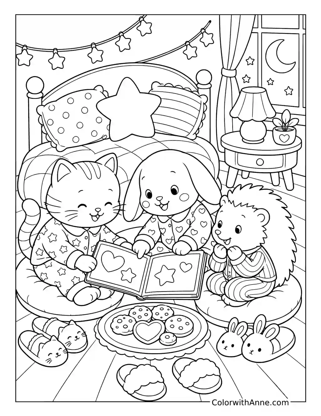 Cozy Friends Reading a Bedtime Story in Pajamas coloring page