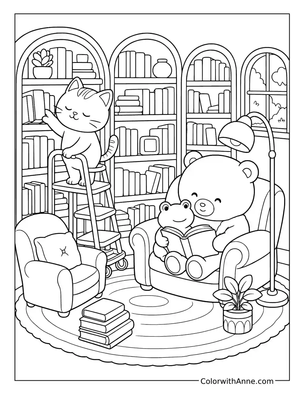 Cozy Friends Reading in a Home Library coloring page