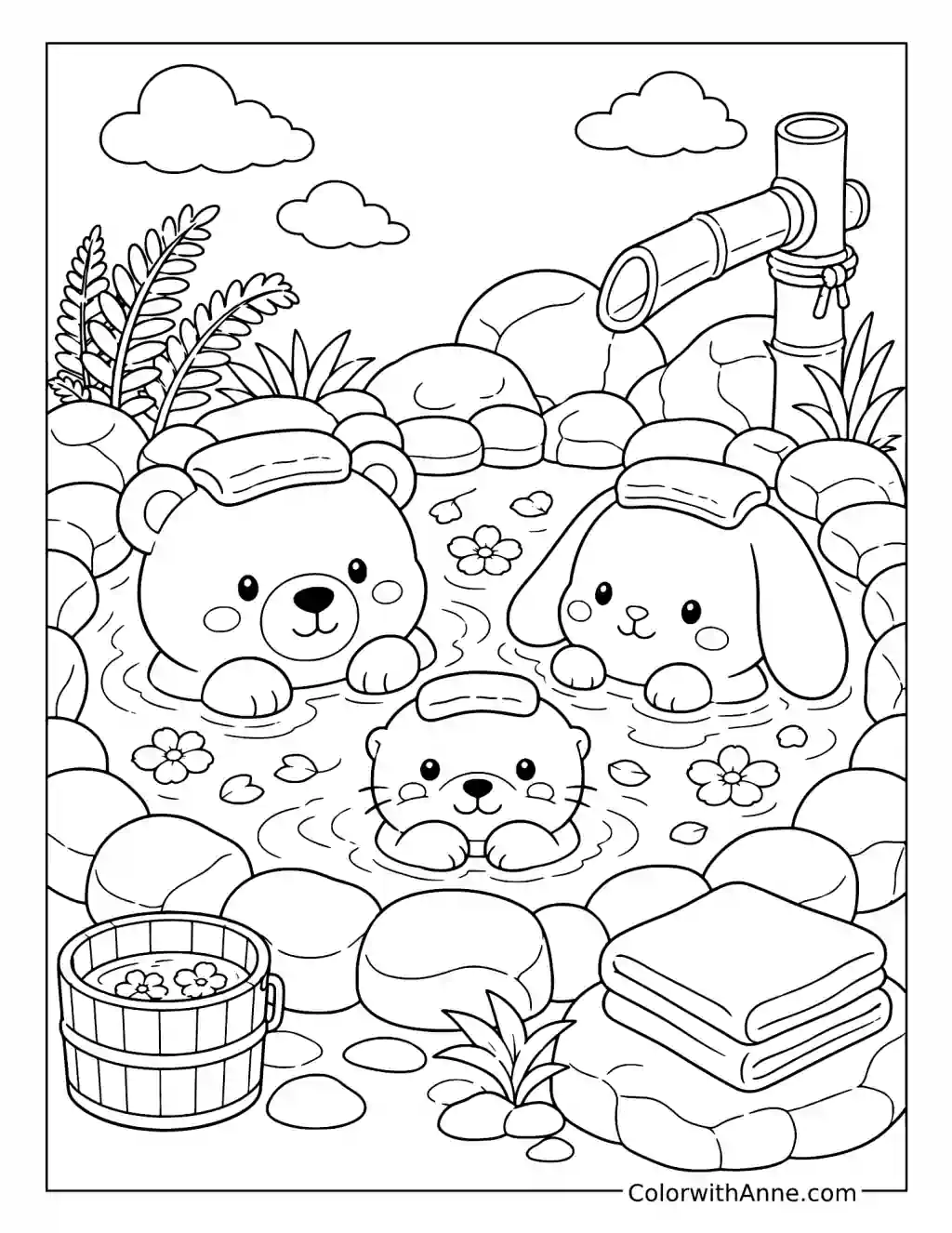 Cozy Friends Relaxing in an Outdoor Hot Spring coloring page