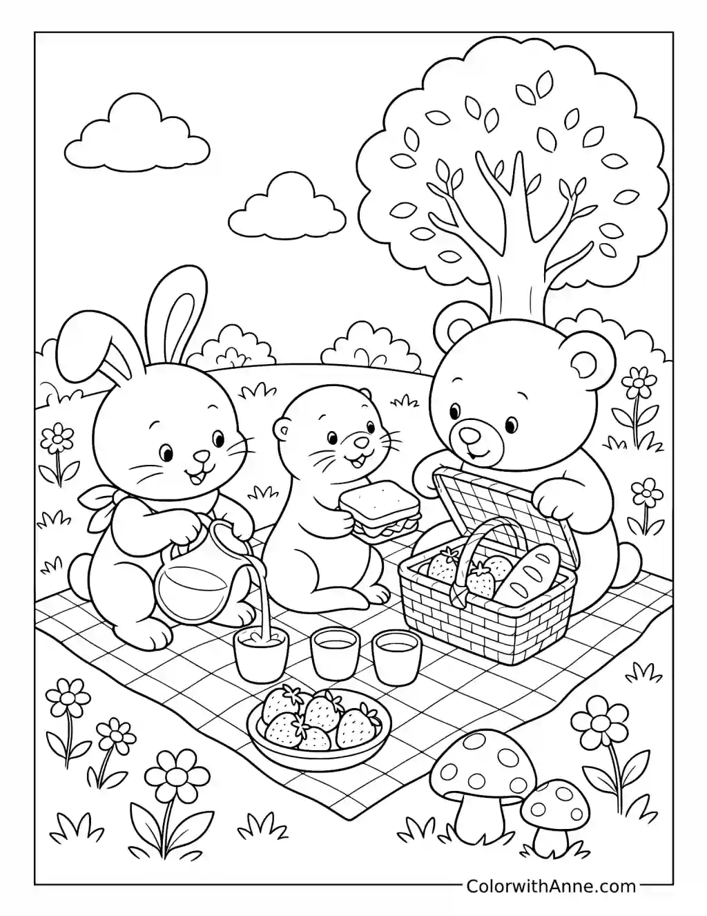 Cozy Friends Sharing a Picnic beneath a Tree coloring page