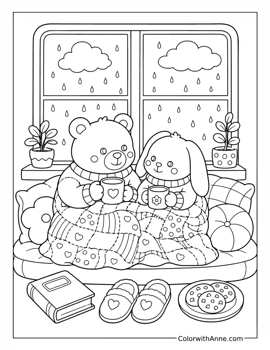 Cozy Friends Sharing Warm Drinks on a Rainy Day coloring page