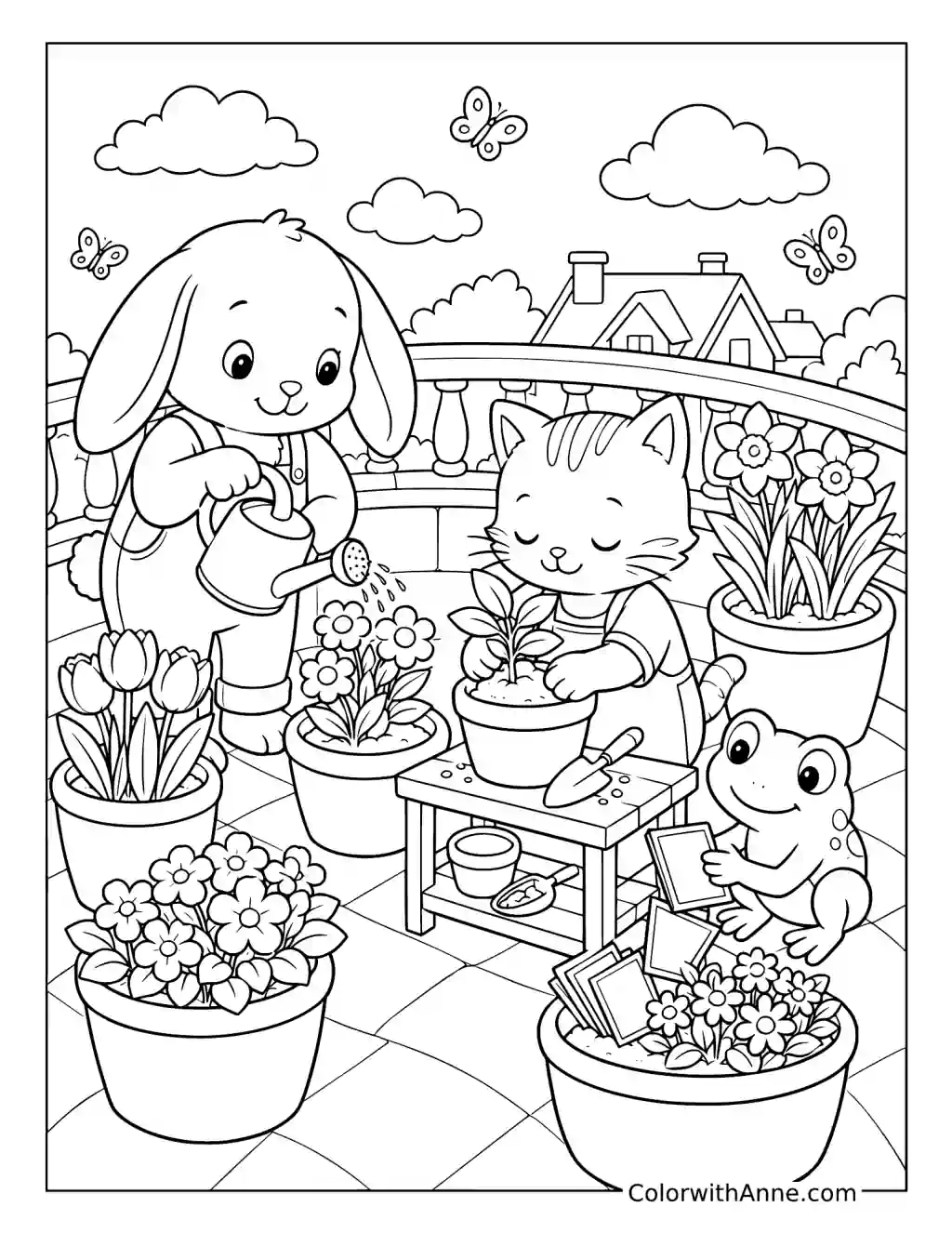 Cozy Friends Tending a Balcony Garden coloring page
