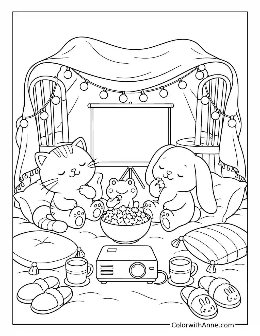 Cozy Friends Watching a Movie in a Blanket Fort coloring page