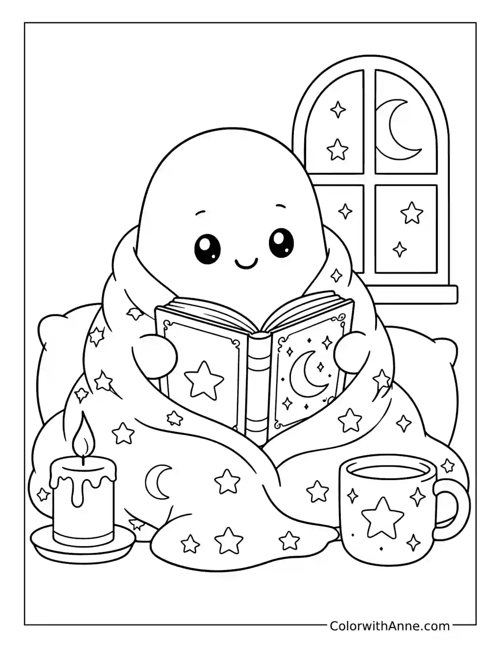 Cozy Ghost Reading by Candlelight coloring page