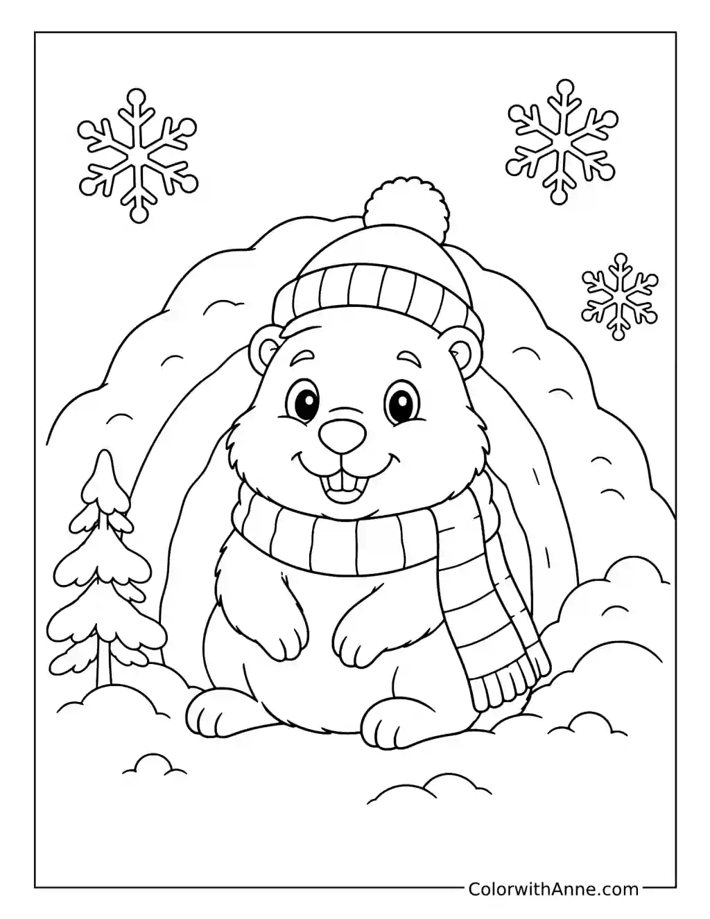 Cozy Groundhog in a Winter Burrow coloring page
